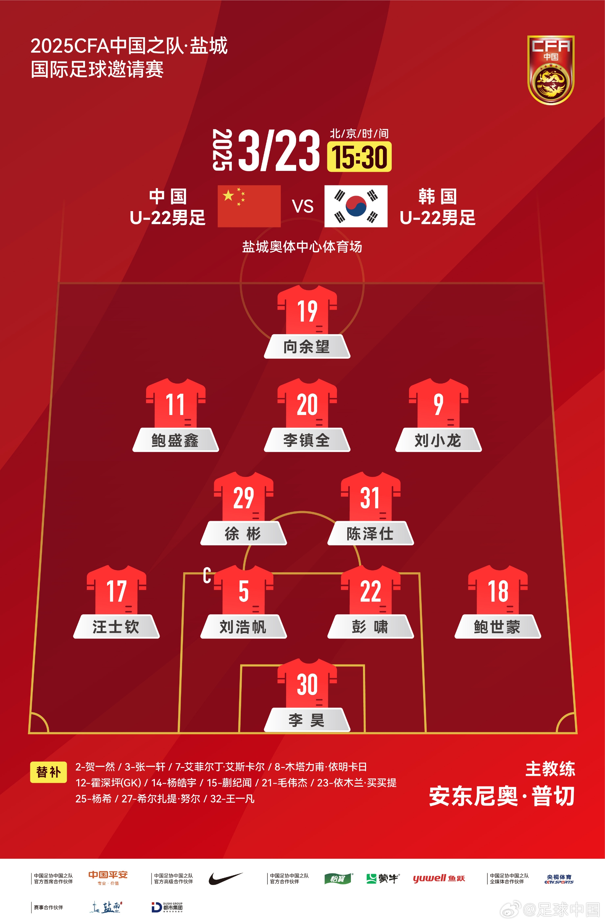 鹽城四國(guó)賽，中國(guó)U-22男足對(duì)陣韓國(guó)U-22男足，中國(guó)隊(duì)首發(fā)陣容